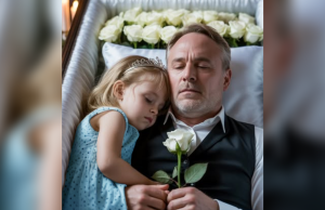 At our father’s wake, she stood next to our father’s coffin all day, not saying a word. At first, we thought she was just grieving quietly — but when she lay beside our father’s coffin, everything changed 💔😳