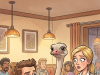 A man walks into a restaurant with a full-grown ostrich behind him.