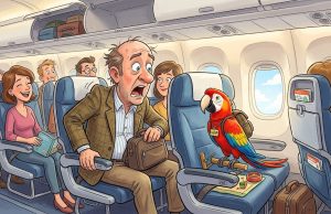 A Man Is Surprised To See A Parrot Seated Next To Him.