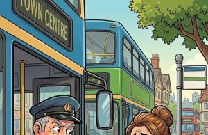 Johnny And His Mum Are Waiting At The Bus Stop.