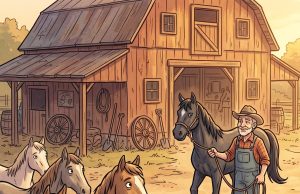 An old farmer died leaving his 17 horses to his 3 sons.