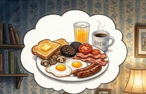 A woman asks her husband at breakfast time,